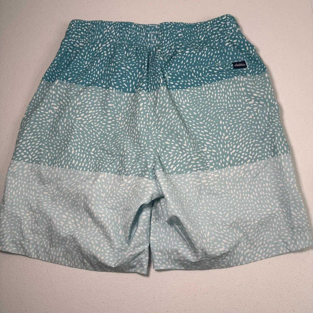 Chubbies Men's Trunks Shorts Teal White Pattern Elastic Waist Drawstring sz S EC